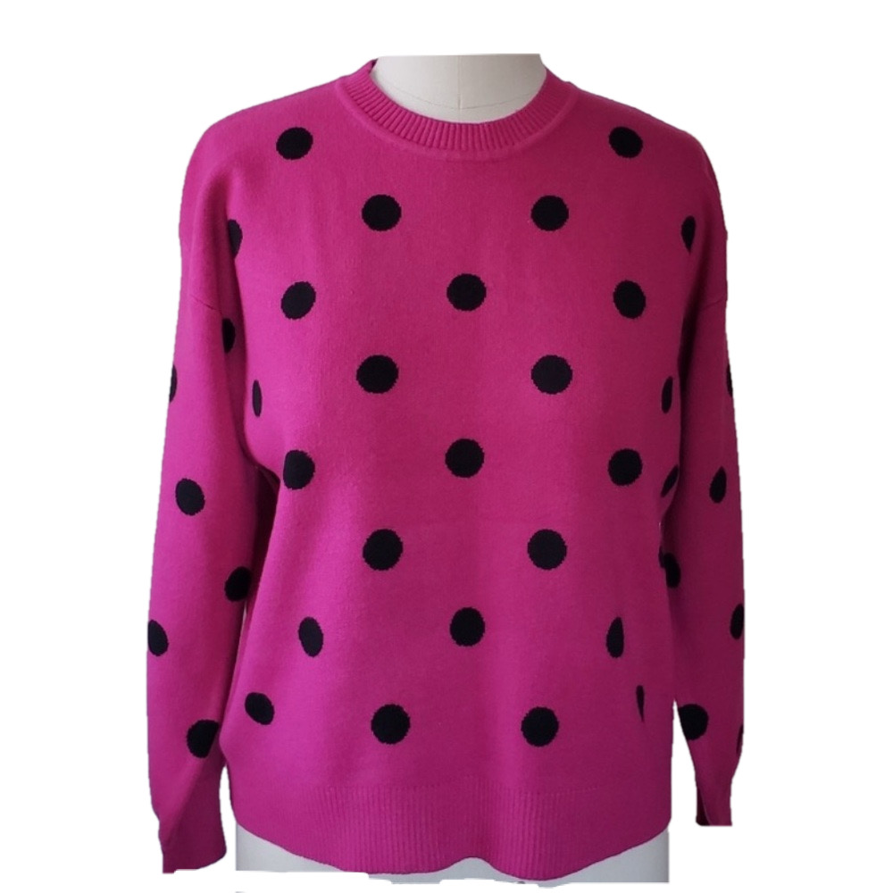 BROADWAY size L GUC pink and Black Crew Neck Sweater with Polka Dots